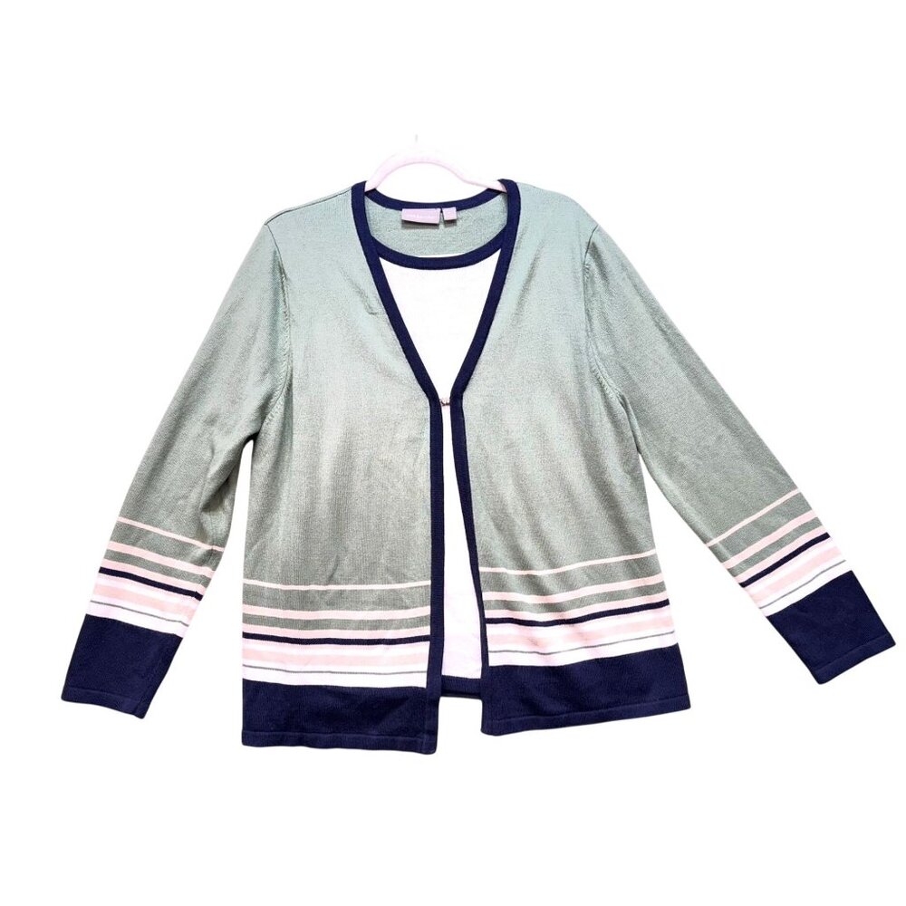Croft & Barrow Womens Cardigan Sweater XL Light Green Navy Stripes Open Front